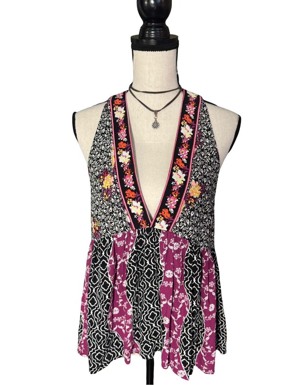 Free People Mixed Print Boho Halter Tank Top Medium Floral Festival Babydoll